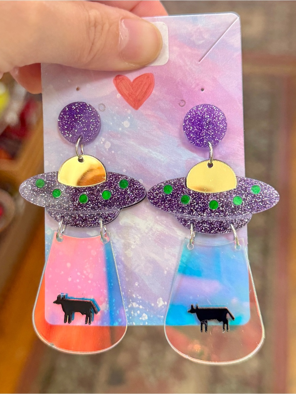 Handmade UFO Alien Abduction Earrings Acrylic XFiles Purple Made in USA